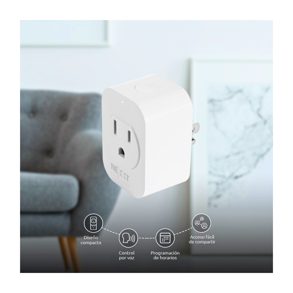 Nexxt -  Solutions Connectivity Enchufe Inteligente - AHIWPSO4U1 - Wi-Fi - 1 Toma corriente - Compatible con Amazon Alexa y Google Assistant - 50/60Hz - 1250W de potencia maxima