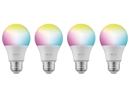[NHB-C1104PK] Nexxt Solutions Connectivity - Light Bulb - A19 RGB 110V 4PK - conexion WI-FI - Bombillo multicolor - Compatible con Amazon Alexa y Google Assistant - 800 Lumen - 9W(Equivalente a 60W) - 110 V/ 220 V